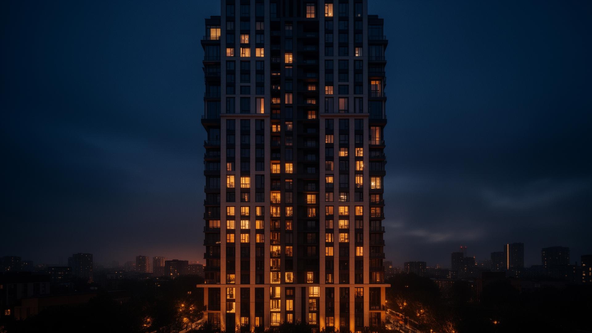 High-rise apartment tower at dusk, lit windows
